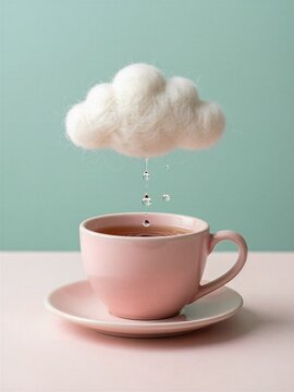 Pink teacup with tea under a fluffy felted wool cloud dripping raindrops