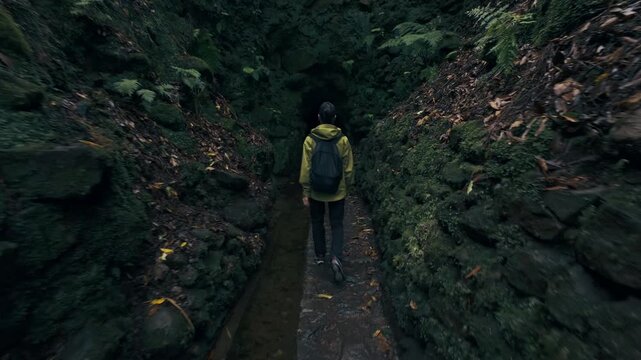 Woman hiker enters dark levada tunnel on Madeira, Portugal, and disappears into darkness. Solo travel and exploration with a step into the unknown