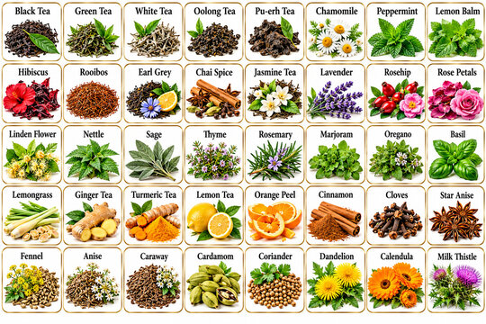 Labels for identifying containers with different types of tea.