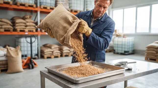 A man in a warehouse pours grains from a sack onto a metal tray. He wears a blue jacket and yellow gloves, and the background shows shelves with sacks and tanks