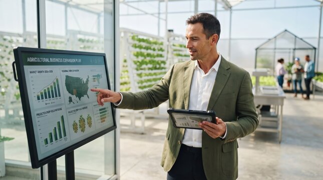 A man in a suit points to a presentation screen with charts and graphs in a modern greenhouse. He holds a tablet in his other hand, while other people stand in the background, observing.