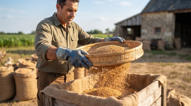 A farmer sifting grain in a wooden sieve in front of a barn, with sacks of grain nearby. The farmer wears gloves and a weathered shirt, suggesting hard work and traditional farming methods.