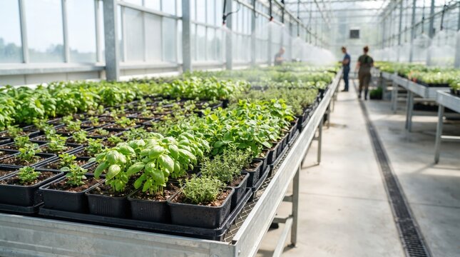 Rows of young plants growing in a greenhouse, with people tending to them in the background. The environment appears bright and humid