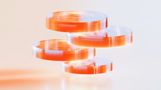 Stacked transparent glowing orange glass floating coins with dollar sign represent digital cryptocurrency and modern fintech concept