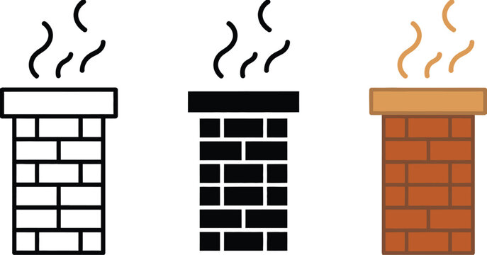 Brick chimney icon set featuring smoke clouds, heating symbols, fireplace flue graphics, residential architecture, ventilation systems, home construction, vector illustration, design, concept.