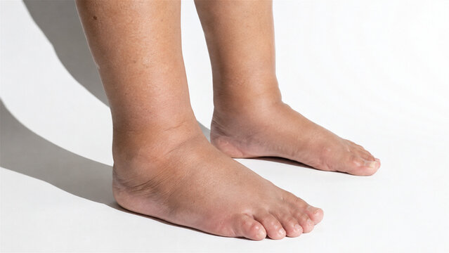 сlose-up of swollen feet and ankles showing leg edema and fluid retention isolated on a white background