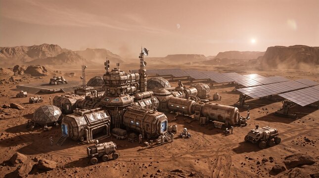 red planet base sci-fi colony art futuristic habitat print extraterrestrial outpost interplanetary settlement red landscape poster planetary base canvas science fiction decor