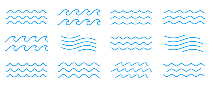 Waves line set. Water wave collection. Vector, editable stroke