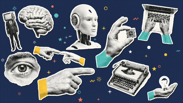 Technology and mind concept cutout stickers. Brain, robot head, eye, typewriter, laptop typing hands, light bulb and pointing finger in retro pop art halftone collage on dark blue. Vector set