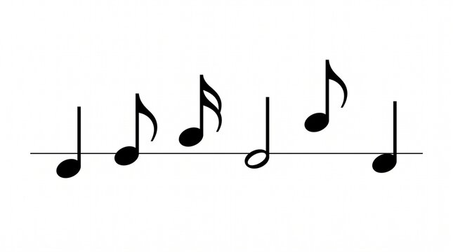 Six black musical notes on a single horizontal line, including quarter, eighth, and sixteenth notes, some solid and one hollow, minimalist on white background.