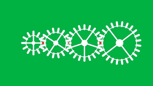 Four White Wireframe Gears Rotating on Green Screen