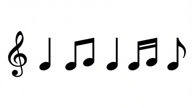 Black music symbols on white background, featuring a treble clef followed by six notes including single quarter notes, beamed eighth notes and sixteenth notes.