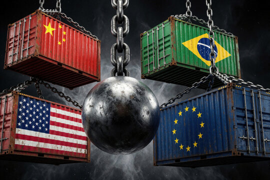 Large wrecking ball swings toward shipping containers with flags of China, USA, Brazil, EU. Heavy metal ball global trade tension, economic conflict. Cargo disruption, market pressure affect