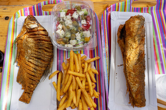 Traditional Balatoni hekk fried hake with French fries at Lake Balaton Hungary