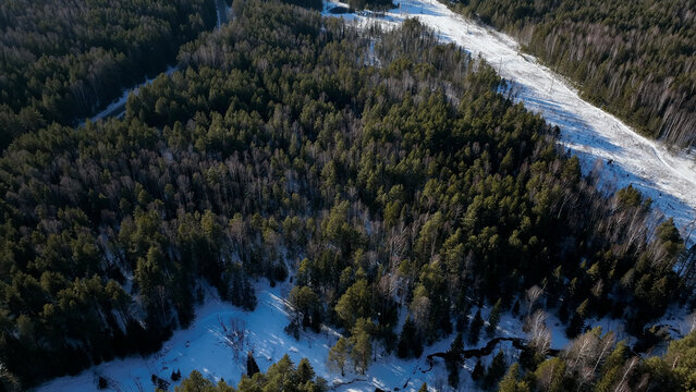 An elevated view reveals a quiet route crossing snowbound pine and birch woodland, with long winter shadows stretching across the remote Ural Mountains of Russia and untouched terrain