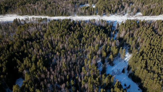 Elevated winter view of a quiet road threading snow-covered pine, spruce, and birch woodland in Russia&rsquo;s Ural Mountains, with long shadows and a wide, pristine wilderness setting landscape