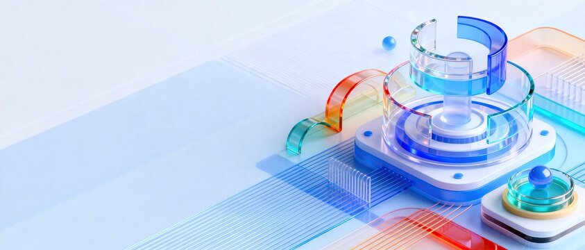 Modern 3d abstract technology microfluidic device with multi colored transparent glass components on soft light blue background futuristic digital design concept