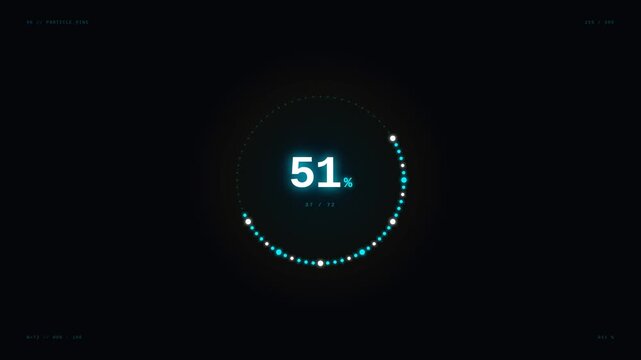 A futuristic circular loading bar with glowing cyan numbers and a rotating progress ring against a dark background, smoothly transitioning from 6% to 85% during a digital process.