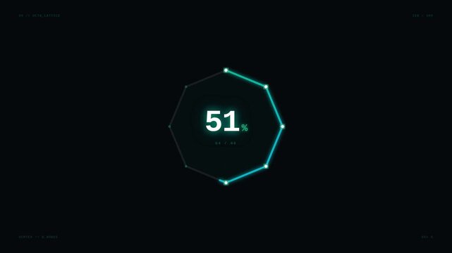 A futuristic cyan polygonal progress indicator smoothly loads from 6% to 85% on a dark background, featuring a glowing dodecagon design and digital percentage counter.