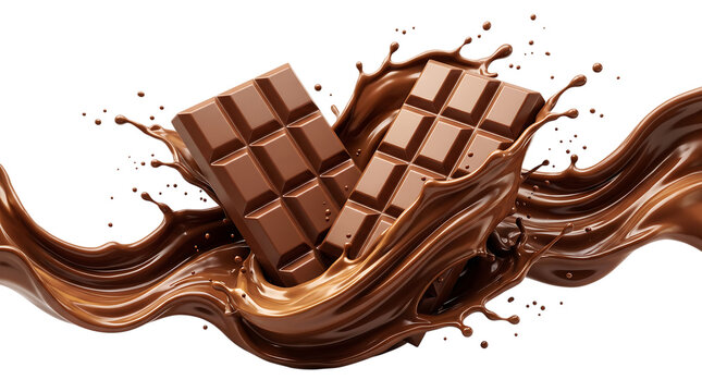 Dynamic chocolate bars with a smooth liquid chocolate splash on a clean white background