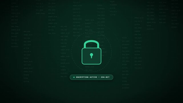 A digital interface displays a yellow padlock icon over scrolling green code. The lock transitions to green, signaling "Encryption Active - 256-bit" on a secure, high-tech background.