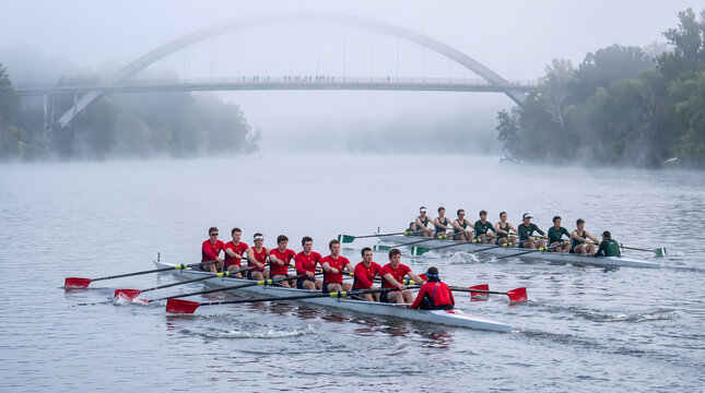 Two rowing teams racing boats on a foggy river in the morning with a bridge in the background   