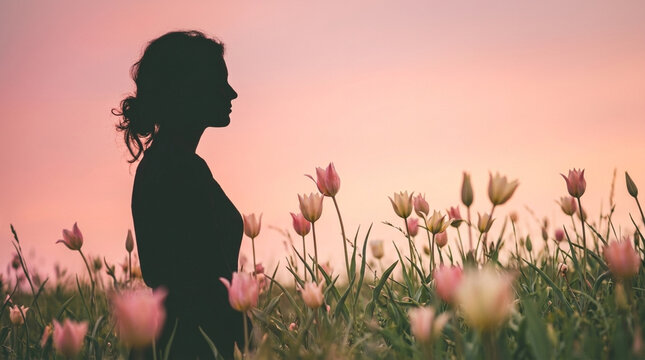 Silhouette of a woman standing in a field of tulips at sunset serene mood warm sky colors