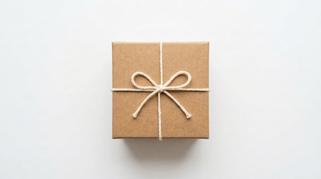 Simple Kraft Paper Gift Box Tied With Twine Bow on White Background Top View