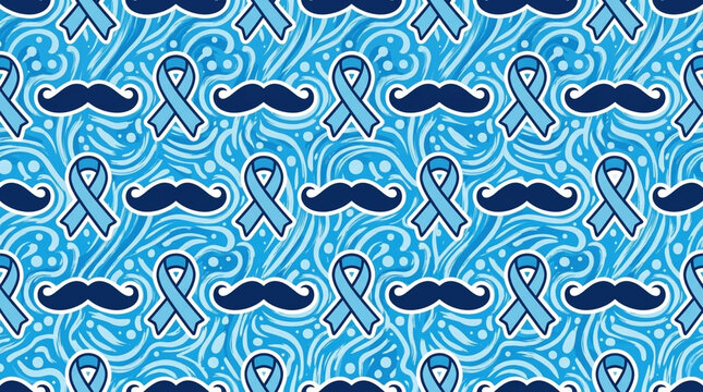 Seamless pattern with blue awareness ribbons and mustaches on wavy background prostate cancer mens health