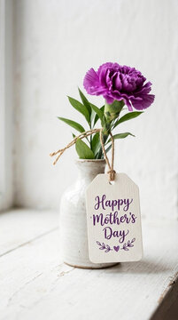 Single purple carnation flower in a vase with Happy Mothers Day tag soft light rustic wood background Celebration gift sentiment