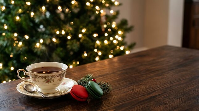 Christmas day tea with red and green macarons on a wooden table with