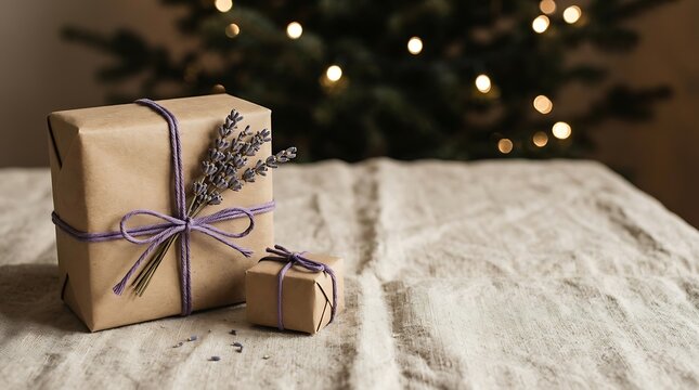 Christmas gift boxes with lavender sprigs on a linen table for a