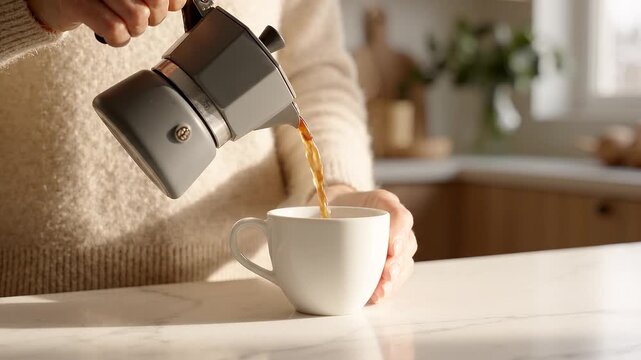 A person pouring hot black coffee from a gray moka pot into a white cup in a bright kitchen