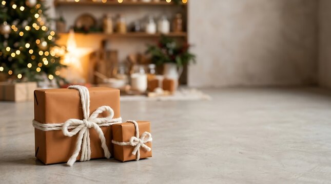 Christmas day wrapped gifts with twine bows and cozy fireplace