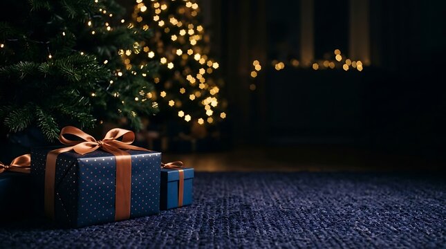 Christmas day gift boxes with ribbons under a glowing tree for a
