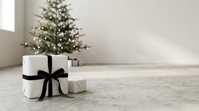 Christmas day gift wrapping with elegant box ribbon and minimalist