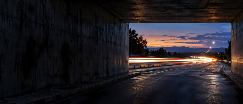 Abstract light streaks in white and gold curve beyond a concrete underpass at twilight as asphalt catches their glow and violet and orange sky opens ahead, suggesting speed and motion along the road