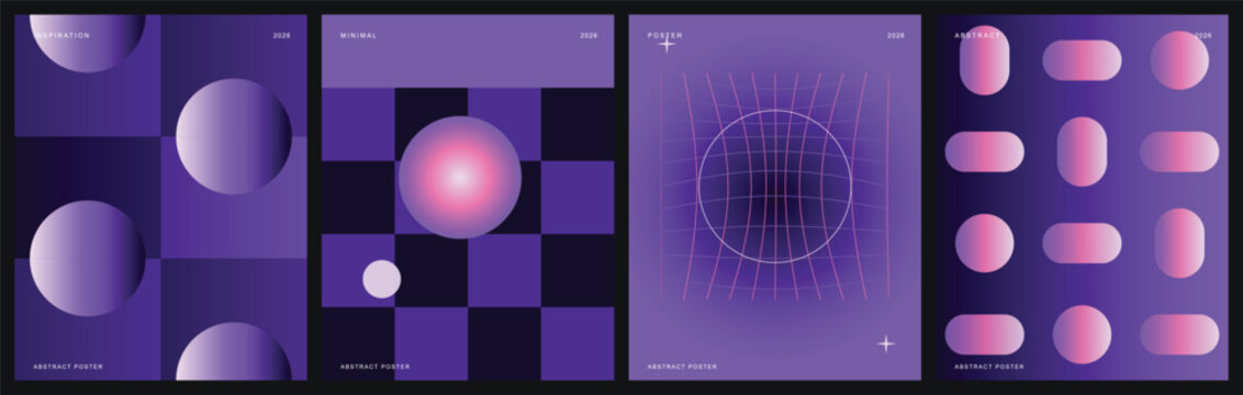 Purple poster template set features futuristic geometric shapes, spheres, and perspective wireframes.