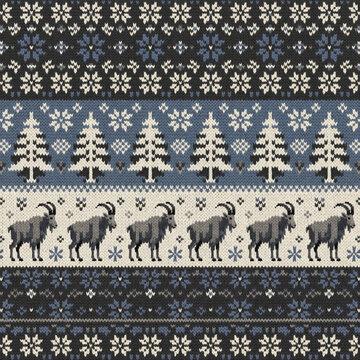 Nordic Pattern with Goats and Trees: A traditional Nordic knit pattern featuring a row of mountain goats, evergreen trees, and snowflake motifs in a harmonious color palette of blue, grey, and cream.