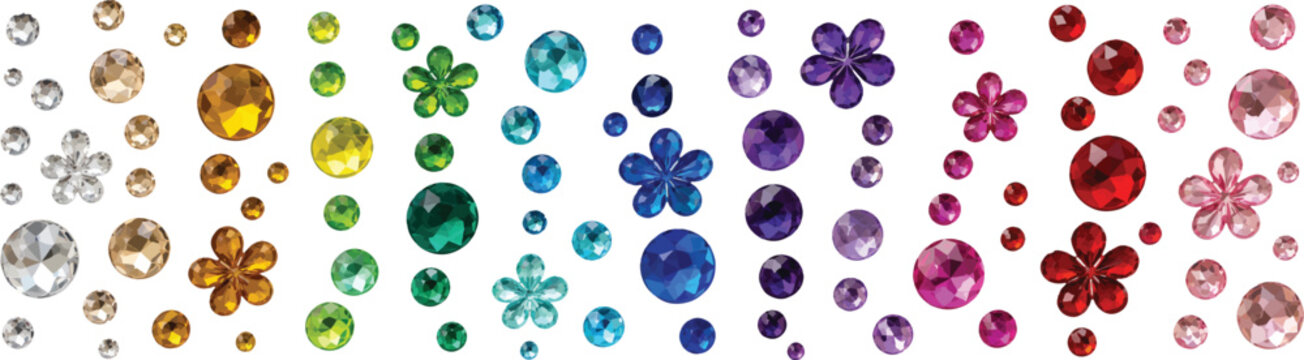 Colorful cut out rhinestones and gems collection. Shiny crystal jewels and flower gemstones isolated on transparent background png set for scrapbook, collage, social media posts, trendy photo overlays