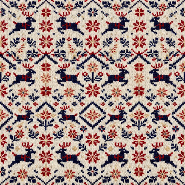 Christmas Nordic Knit Pattern: A festive and intricate Nordic knit pattern featuring leaping reindeer, snowflakes, and floral motifs in a traditional red, blue, and cream color palette.