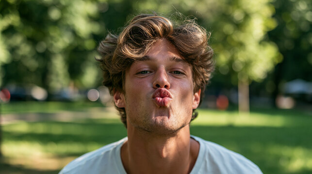 Young man making a kissy face directly at the camera in a park, portraying affection, playful flirtation, and an inviting summer expression