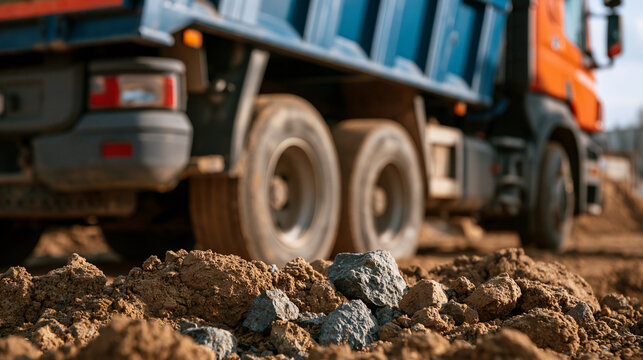 Dump truck working on construction site transporting soil and gravel, heavy machinery performing earthmoving operations for building infrastructure and development