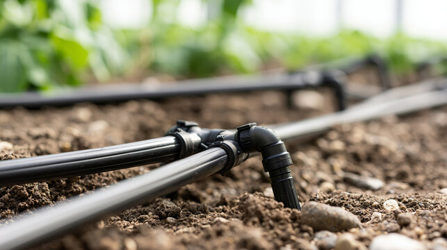 Drip irrigation system lines delivering water to plants in fertile soil, ensuring efficient resource management for sustainable agriculture and smart farming