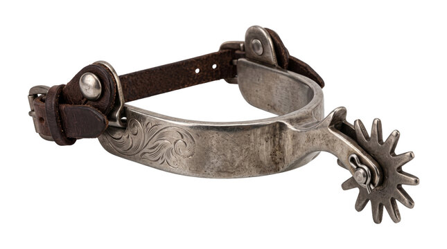 Silver cowboy spur with leather strap on transparent background png.