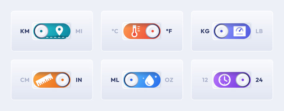 Set of six neomorphic toggle switches for unit conversion settings on a light interface