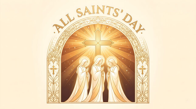 All Saints Day religious illustration featuring three saints with a glowing cross in a golden arched frame