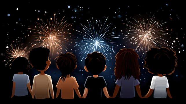 Cartoon children watching fireworks at a birthday night party. A festive atmosphere for a child birthday fun, balloons, gifts, laughter, and sweets. An all inclusive party service.