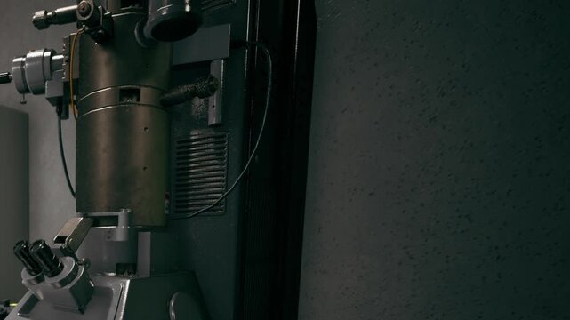 A laboratory scene shows a close view of a microscope fixed to a wall. The room has light coming through, highlighting the features of the equipment. Various wires connect to the device.