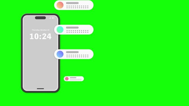 携帯電話でのオンラインチャットのメッセージ通知が届くアニメーション　左側配置バージョン　グリーンバック